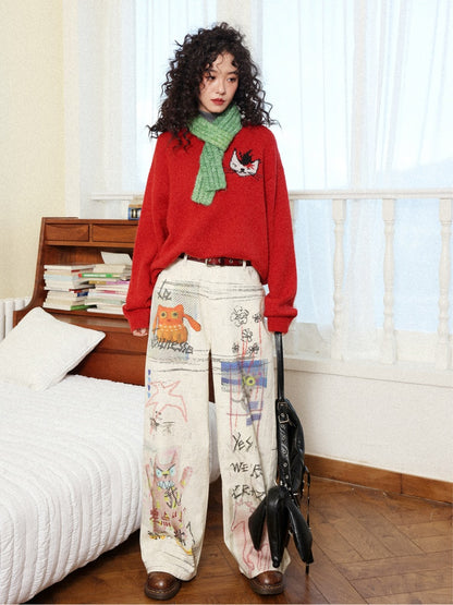 "Crazy Wish In The Workplace" Cotton Printed Loose Denim Scimitar Pants【s0000014278】