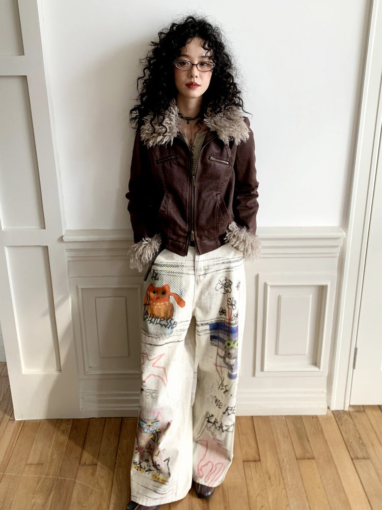 "Crazy Wish In The Workplace" Cotton Printed Loose Denim Scimitar Pants【s0000014278】