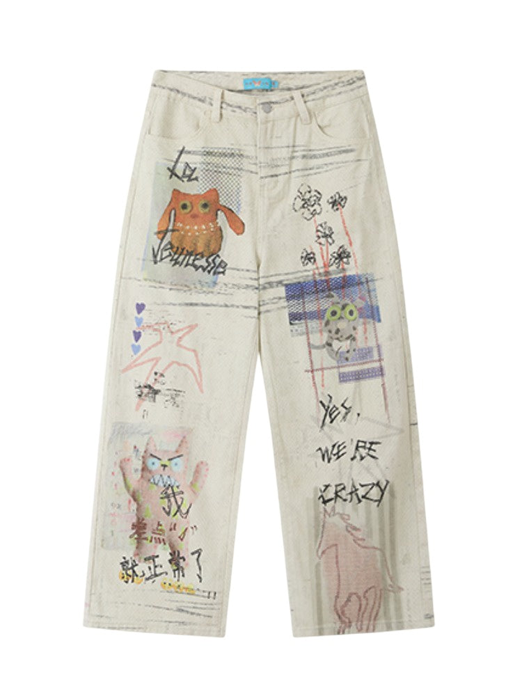 "Crazy Wish In The Workplace" Cotton Printed Loose Denim Scimitar Pants【s0000014278】