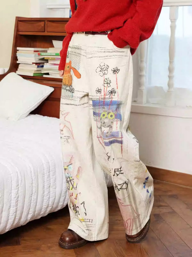 "Crazy Wish In The Workplace" Cotton Printed Loose Denim Scimitar Pants【s0000014278】