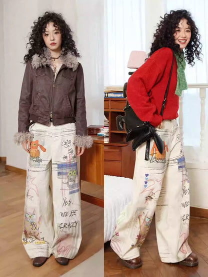 "Crazy Wish In The Workplace" Cotton Printed Loose Denim Scimitar Pants【s0000014278】