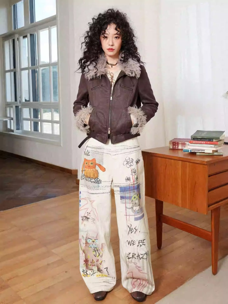 "Crazy Wish In The Workplace" Cotton Printed Loose Denim Scimitar Pants【s0000014278】