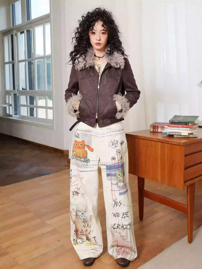 "Crazy Wish In The Workplace" Cotton Printed Loose Denim Scimitar Pants【s0000014278】