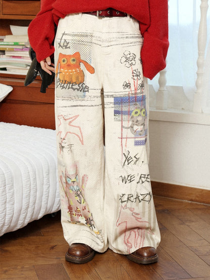 "Crazy Wish In The Workplace" Cotton Printed Loose Denim Scimitar Pants【s0000014278】