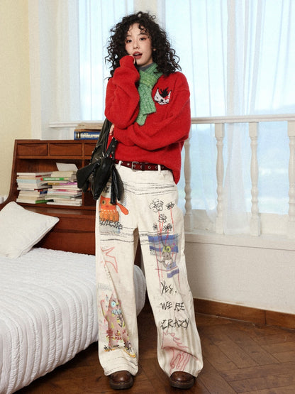 "Crazy Wish In The Workplace" Cotton Printed Loose Denim Scimitar Pants【s0000014278】