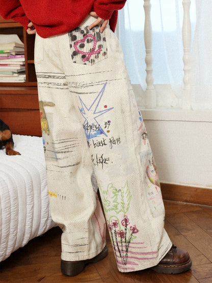 "Crazy Wish In The Workplace" Cotton Printed Loose Denim Scimitar Pants【s0000014278】