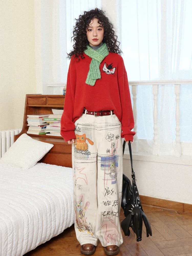 "Crazy Wish In The Workplace" Cotton Printed Loose Denim Scimitar Pants【s0000014278】