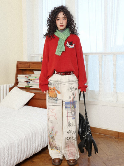 "Crazy Wish In The Workplace" Cotton Printed Loose Denim Scimitar Pants【s0000014278】