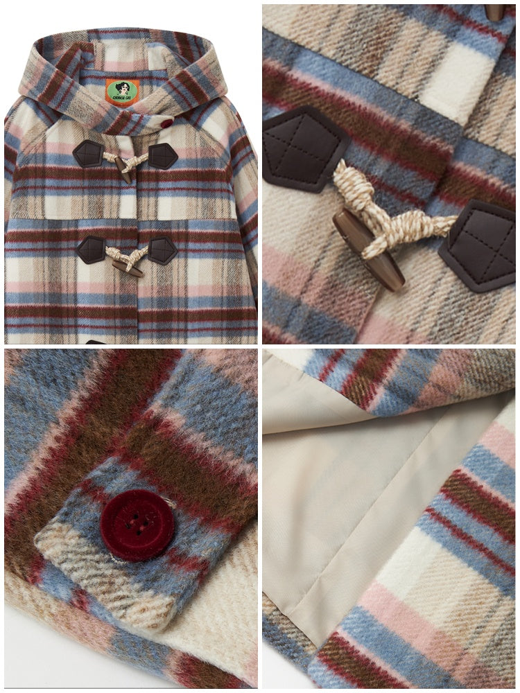 "Velvet Dream Holiday" Large Plaid Horn Buckle Hooded Wool Coat【s0000014280】