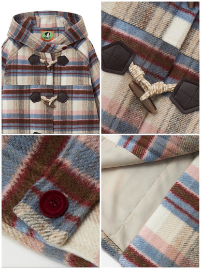 "Velvet Dream Holiday" Large Plaid Horn Buckle Hooded Wool Coat【s0000014280】