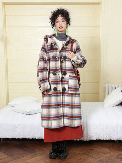 "Velvet Dream Holiday" Large Plaid Horn Buckle Hooded Wool Coat【s0000014280】