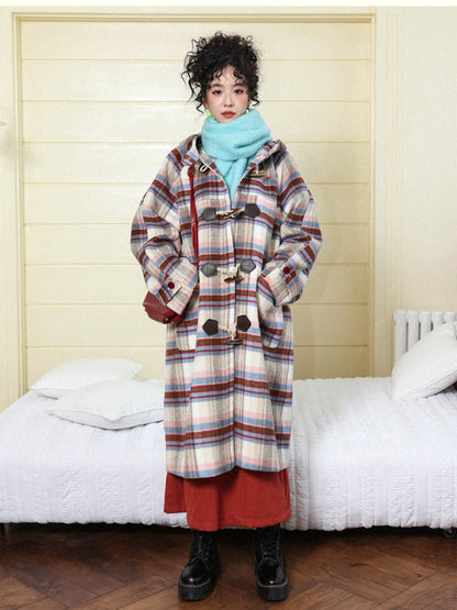 "Velvet Dream Holiday" Large Plaid Horn Buckle Hooded Wool Coat【s0000014280】