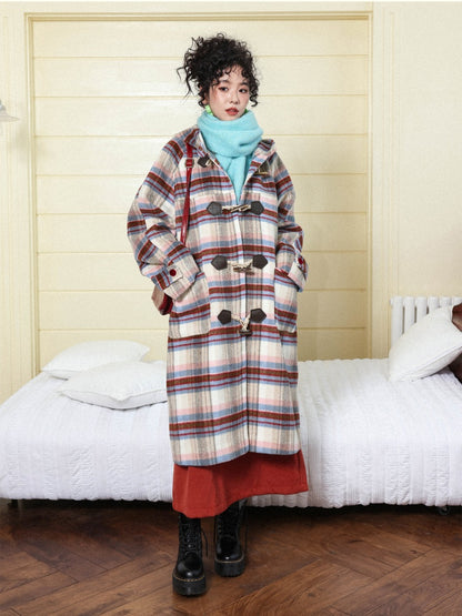 "Velvet Dream Holiday" Large Plaid Horn Buckle Hooded Wool Coat【s0000014280】