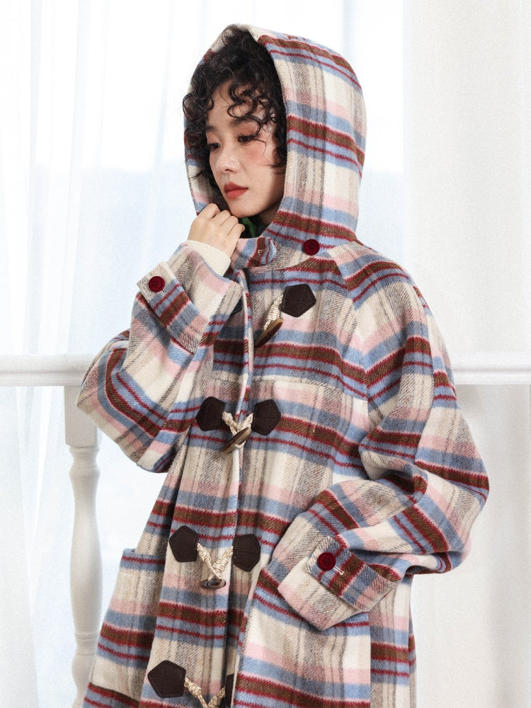 "Velvet Dream Holiday" Large Plaid Horn Buckle Hooded Wool Coat【s0000014280】
