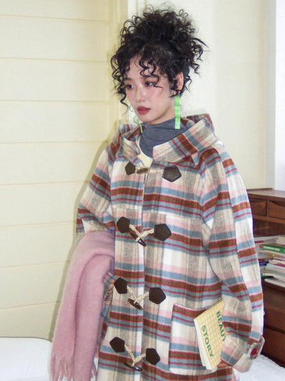 "Velvet Dream Holiday" Large Plaid Horn Buckle Hooded Wool Coat【s0000014280】