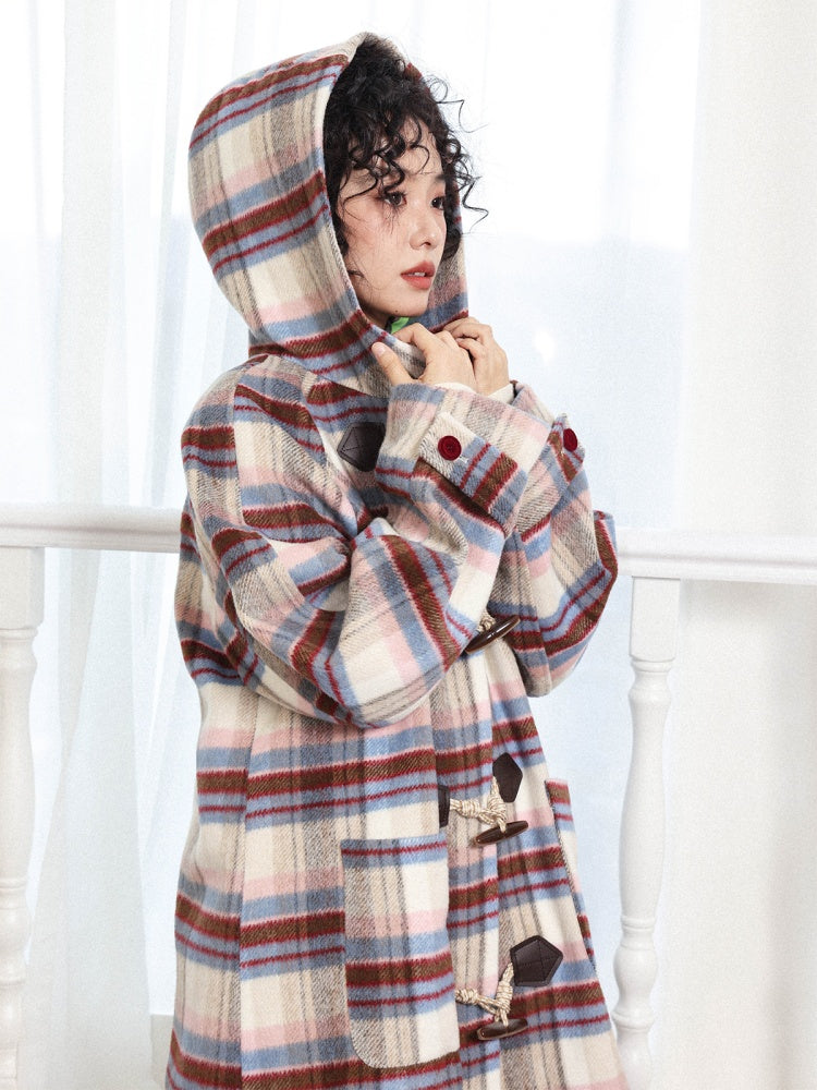 "Velvet Dream Holiday" Large Plaid Horn Buckle Hooded Wool Coat【s0000014280】