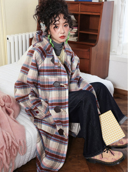 "Velvet Dream Holiday" Large Plaid Horn Buckle Hooded Wool Coat【s0000014280】
