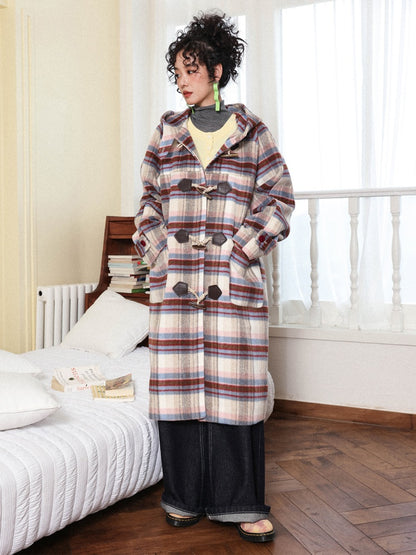 "Velvet Dream Holiday" Large Plaid Horn Buckle Hooded Wool Coat【s0000014280】