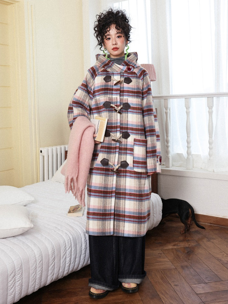 "Velvet Dream Holiday" Large Plaid Horn Buckle Hooded Wool Coat【s0000014280】
