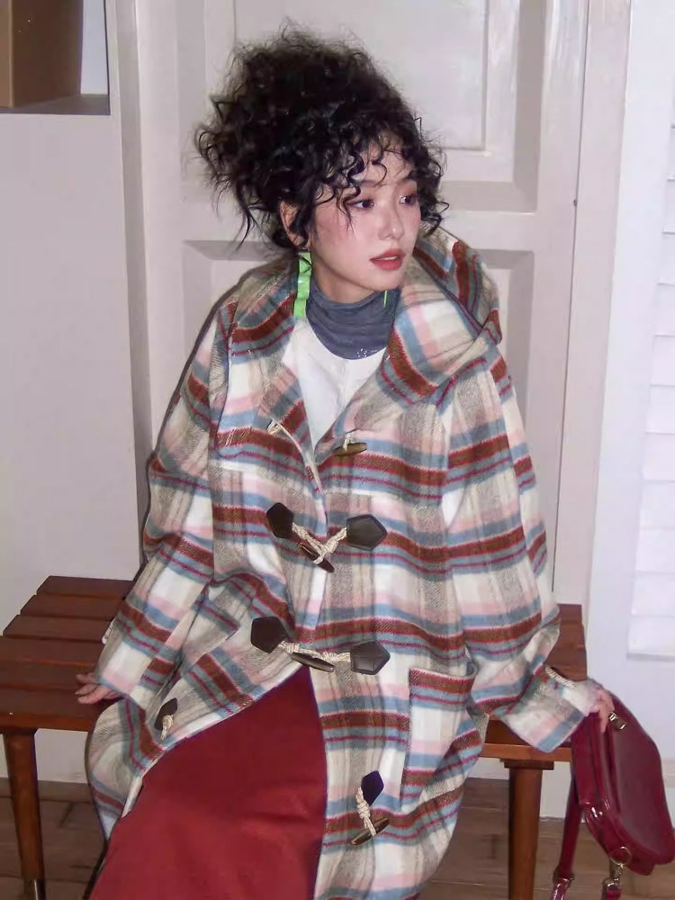 "Velvet Dream Holiday" Large Plaid Horn Buckle Hooded Wool Coat【s0000014280】