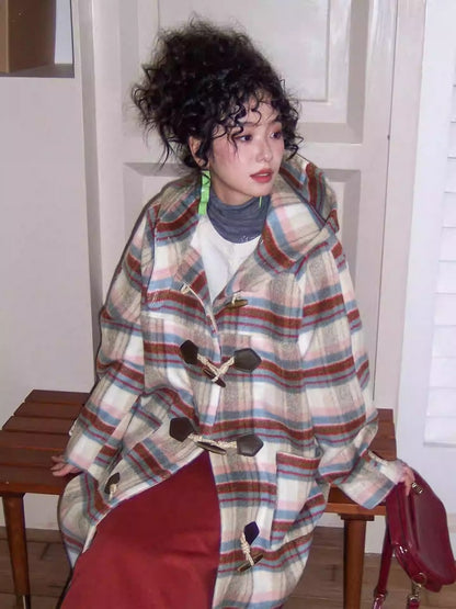 "Velvet Dream Holiday" Large Plaid Horn Buckle Hooded Wool Coat【s0000014280】