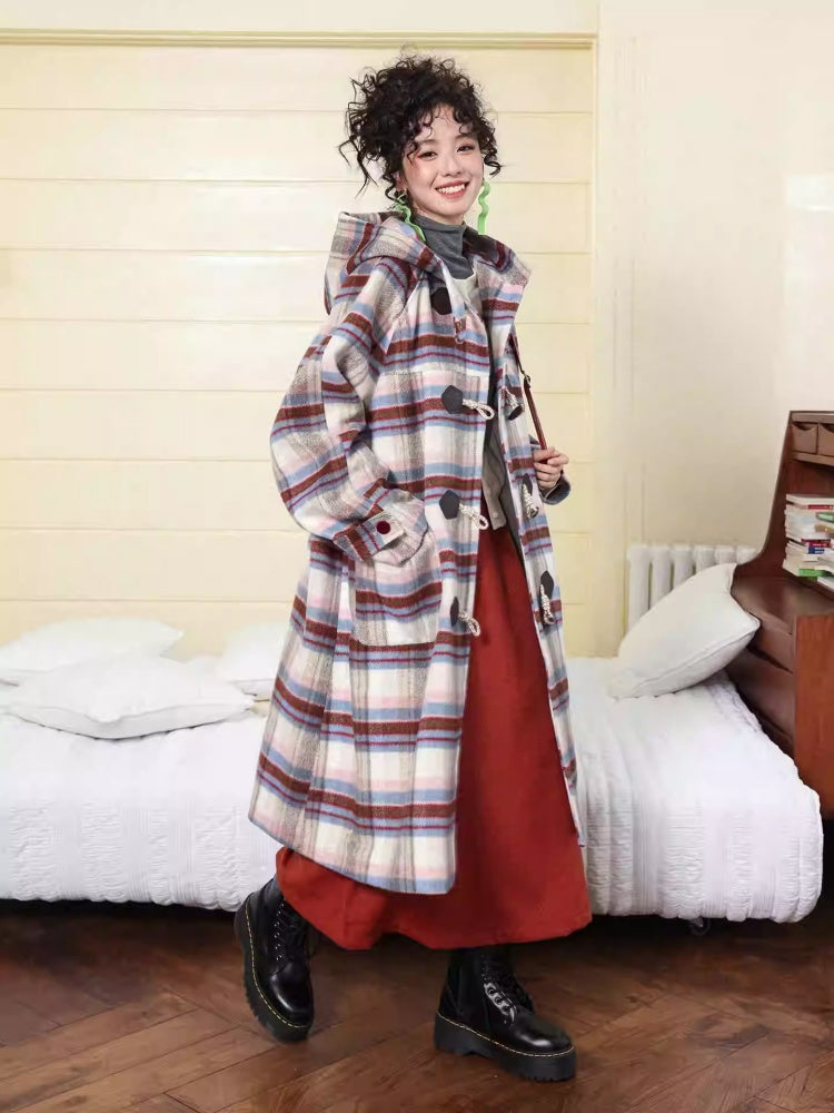 "Velvet Dream Holiday" Large Plaid Horn Buckle Hooded Wool Coat【s0000014280】