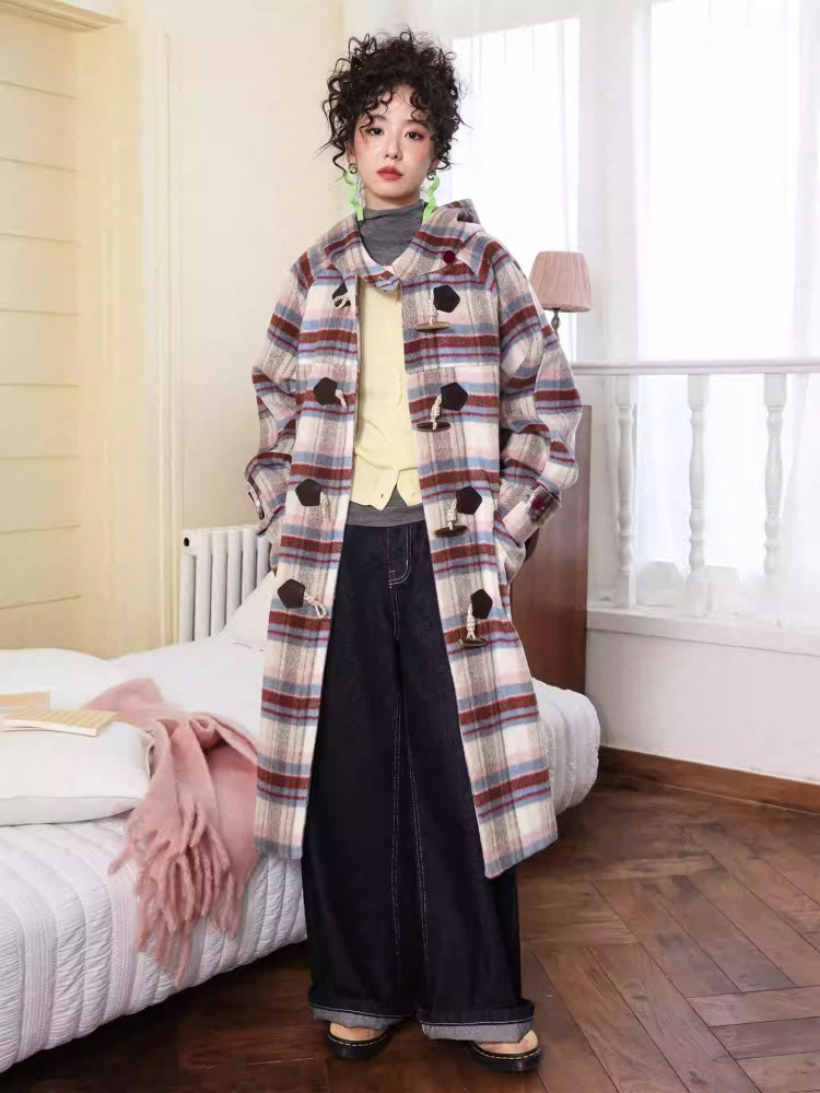 "Velvet Dream Holiday" Large Plaid Horn Buckle Hooded Wool Coat【s0000014280】