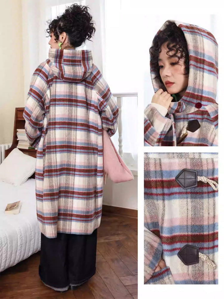 "Velvet Dream Holiday" Large Plaid Horn Buckle Hooded Wool Coat【s0000014280】