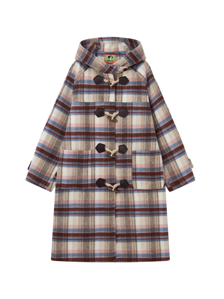 "Velvet Dream Holiday" Large Plaid Horn Buckle Hooded Wool Coat【s0000014280】