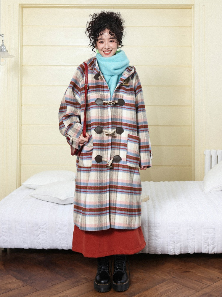 "Velvet Dream Holiday" Large Plaid Horn Buckle Hooded Wool Coat【s0000014280】