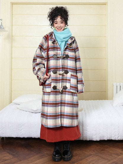 "Velvet Dream Holiday" Large Plaid Horn Buckle Hooded Wool Coat【s0000014280】