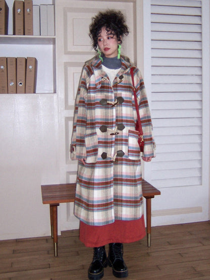 "Velvet Dream Holiday" Large Plaid Horn Buckle Hooded Wool Coat【s0000014280】
