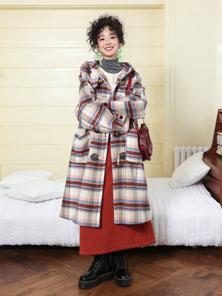 "Velvet Dream Holiday" Large Plaid Horn Buckle Hooded Wool Coat【s0000014280】