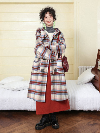 "Velvet Dream Holiday" Large Plaid Horn Buckle Hooded Wool Coat【s0000014280】