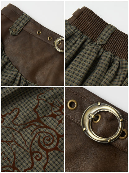 "Tundra Mark" Wave Playful Leather Splicing Flower Bud Flock Print Skirt【s0000014281】