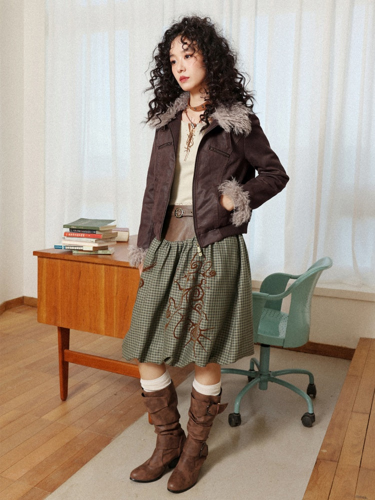 "Tundra Mark" Wave Playful Leather Splicing Flower Bud Flock Print Skirt【s0000014281】
