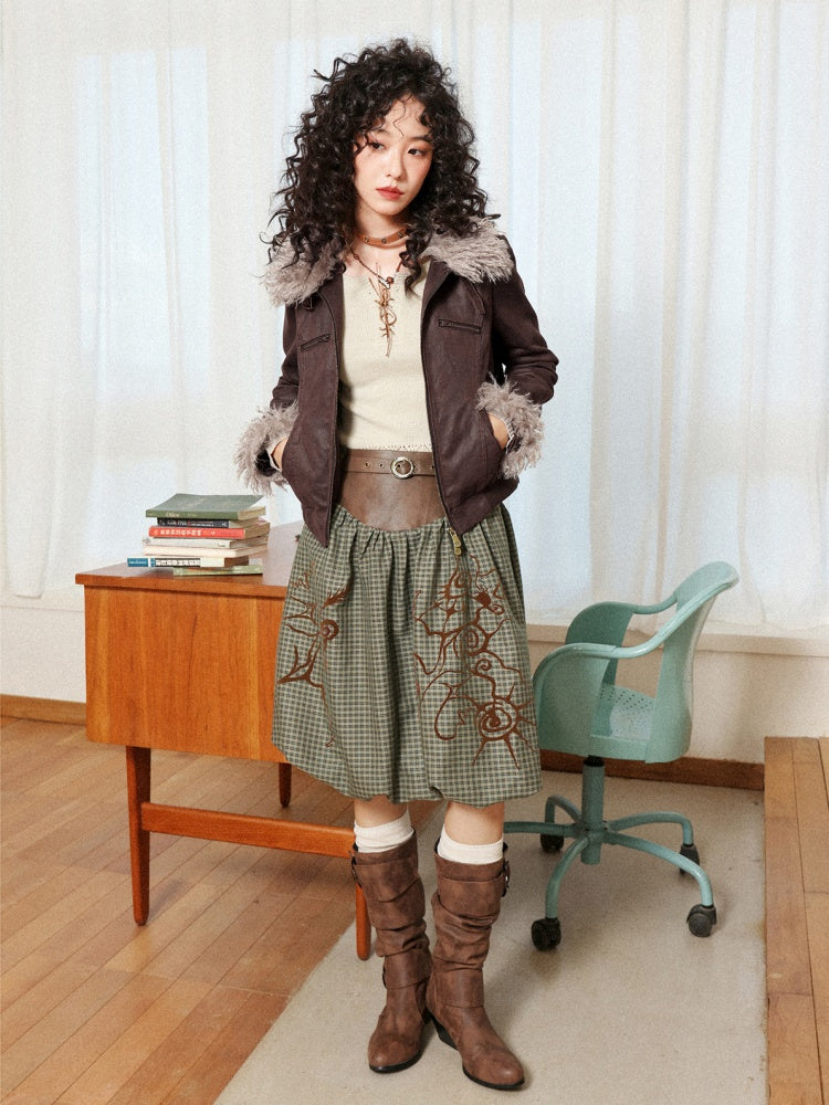 "Tundra Mark" Wave Playful Leather Splicing Flower Bud Flock Print Skirt【s0000014281】