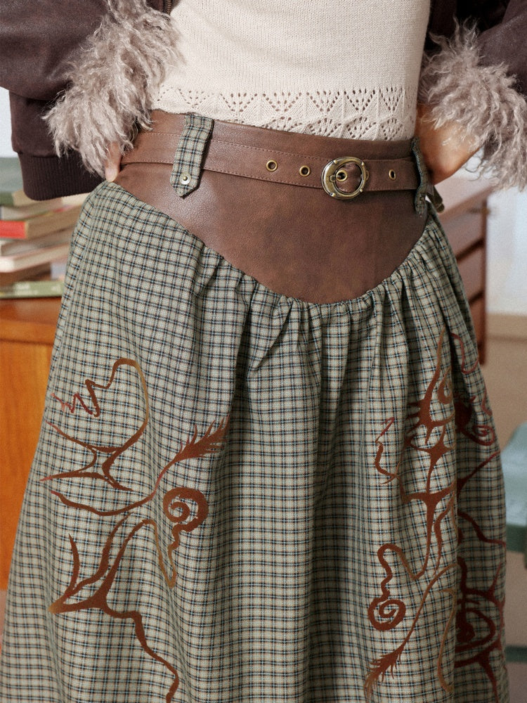 "Tundra Mark" Wave Playful Leather Splicing Flower Bud Flock Print Skirt【s0000014281】