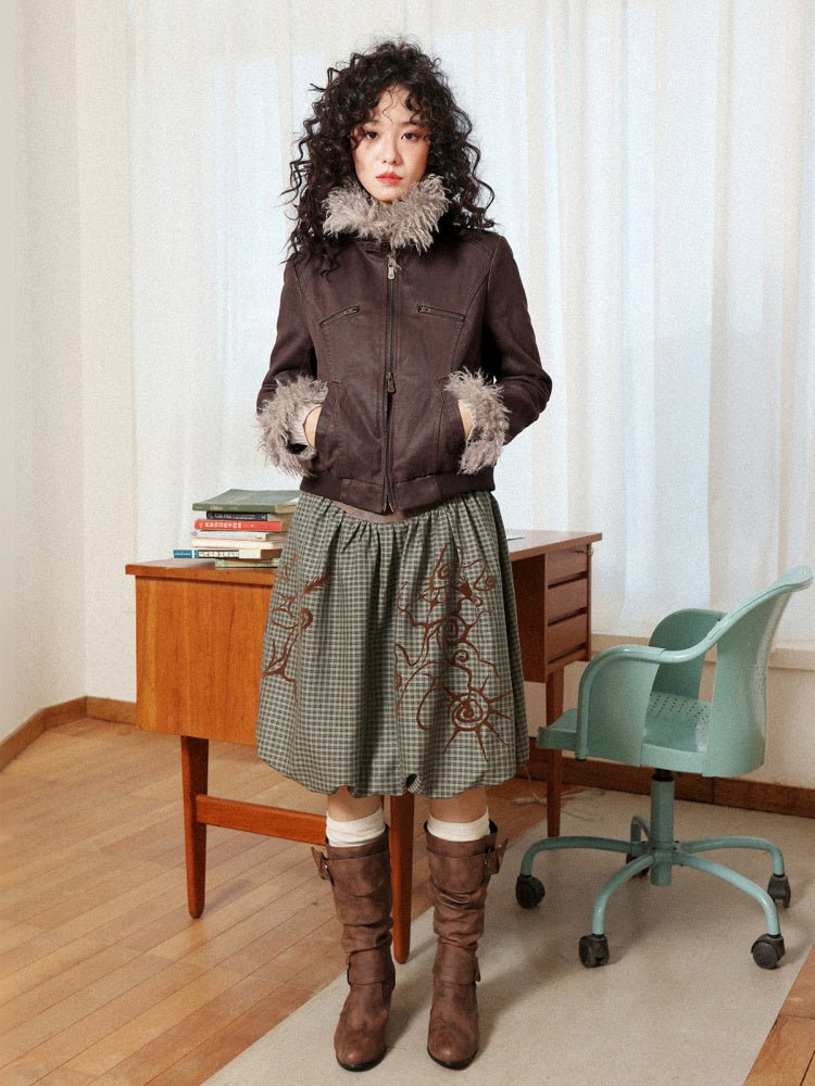 "Tundra Mark" Wave Playful Leather Splicing Flower Bud Flock Print Skirt【s0000014281】