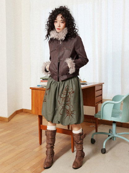 "Tundra Mark" Wave Playful Leather Splicing Flower Bud Flock Print Skirt【s0000014281】