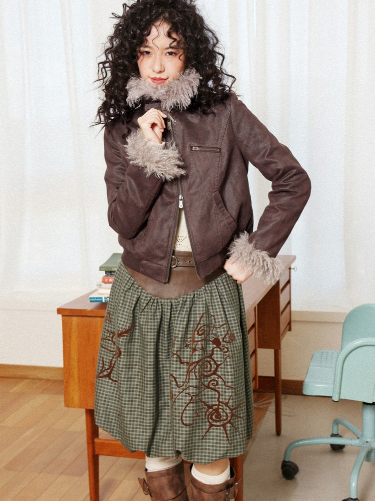 "Tundra Mark" Wave Playful Leather Splicing Flower Bud Flock Print Skirt【s0000014281】