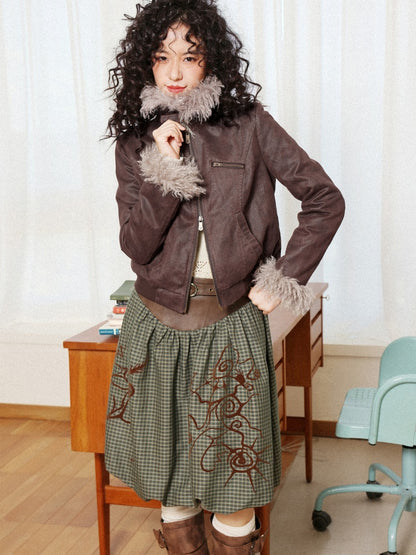 "Tundra Mark" Wave Playful Leather Splicing Flower Bud Flock Print Skirt【s0000014281】