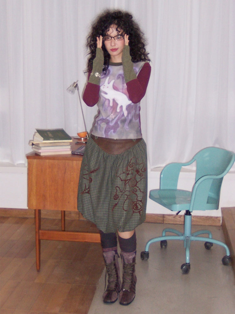 "Tundra Mark" Wave Playful Leather Splicing Flower Bud Flock Print Skirt【s0000014281】