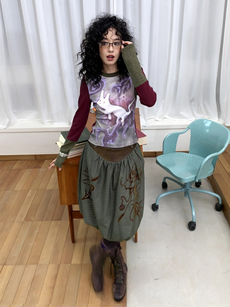 "Tundra Mark" Wave Playful Leather Splicing Flower Bud Flock Print Skirt【s0000014281】