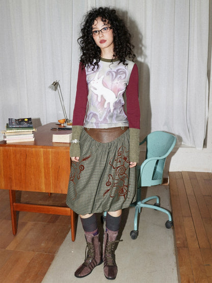 "Tundra Mark" Wave Playful Leather Splicing Flower Bud Flock Print Skirt【s0000014281】