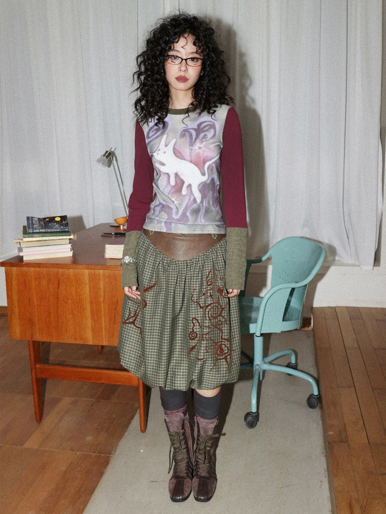 "Tundra Mark" Wave Playful Leather Splicing Flower Bud Flock Print Skirt【s0000014281】