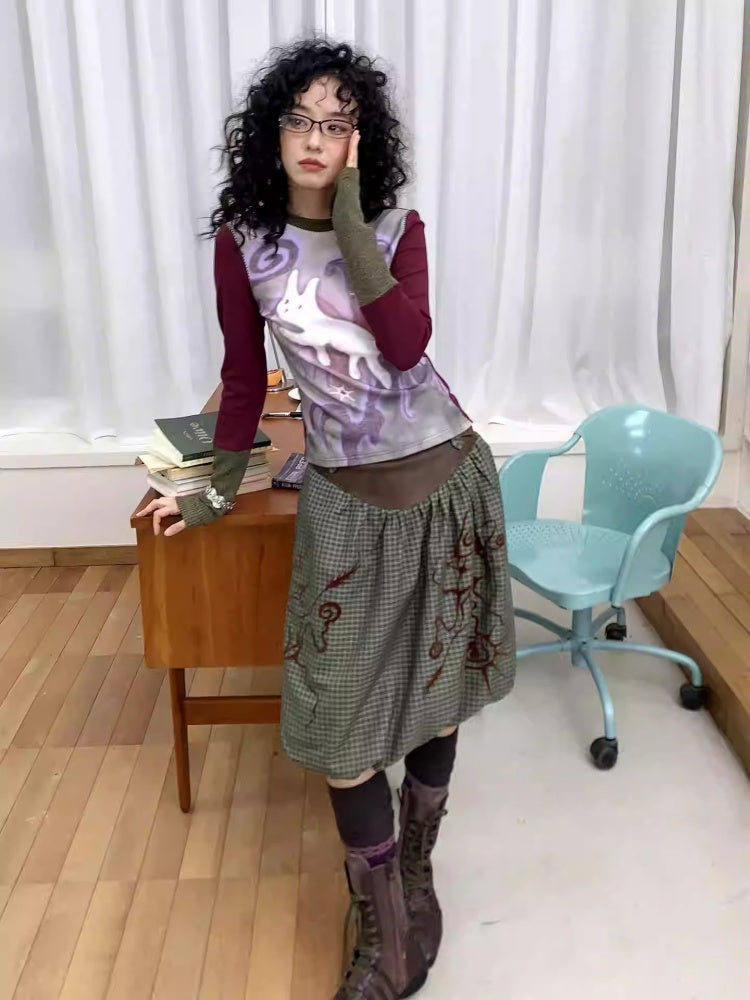 "Tundra Mark" Wave Playful Leather Splicing Flower Bud Flock Print Skirt【s0000014281】