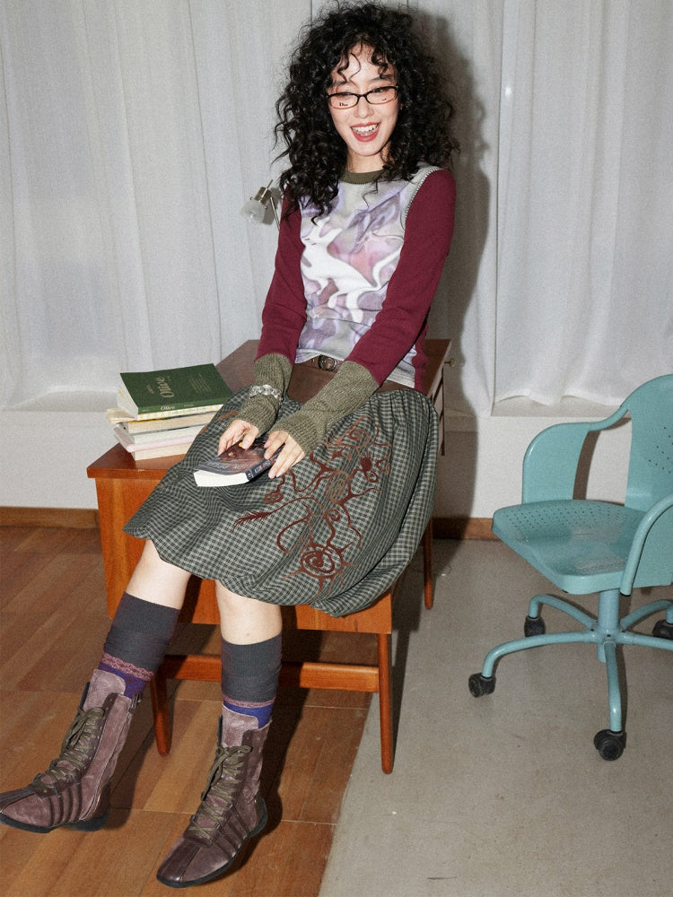 "Tundra Mark" Wave Playful Leather Splicing Flower Bud Flock Print Skirt【s0000014281】