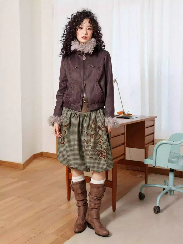 "Tundra Mark" Wave Playful Leather Splicing Flower Bud Flock Print Skirt【s0000014281】