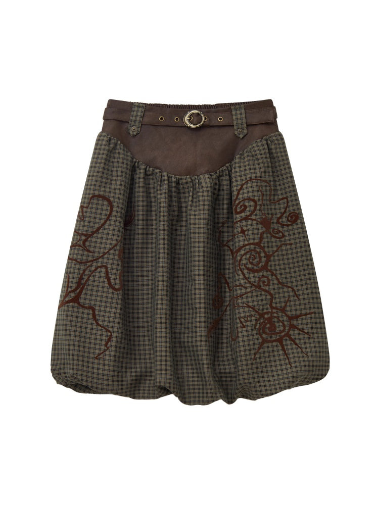"Tundra Mark" Wave Playful Leather Splicing Flower Bud Flock Print Skirt【s0000014281】